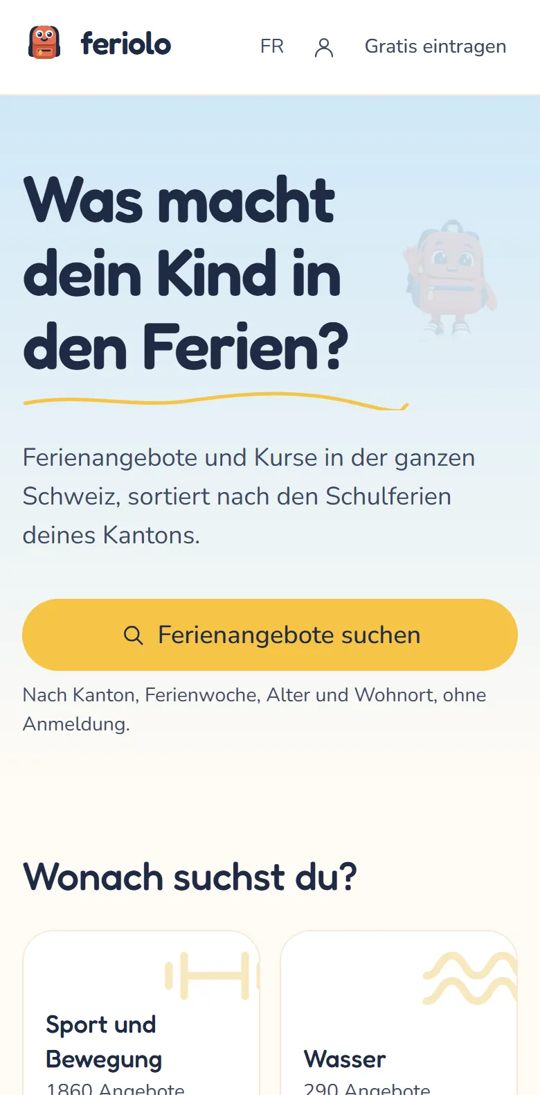 Startseite von feriolo.ch am Handy