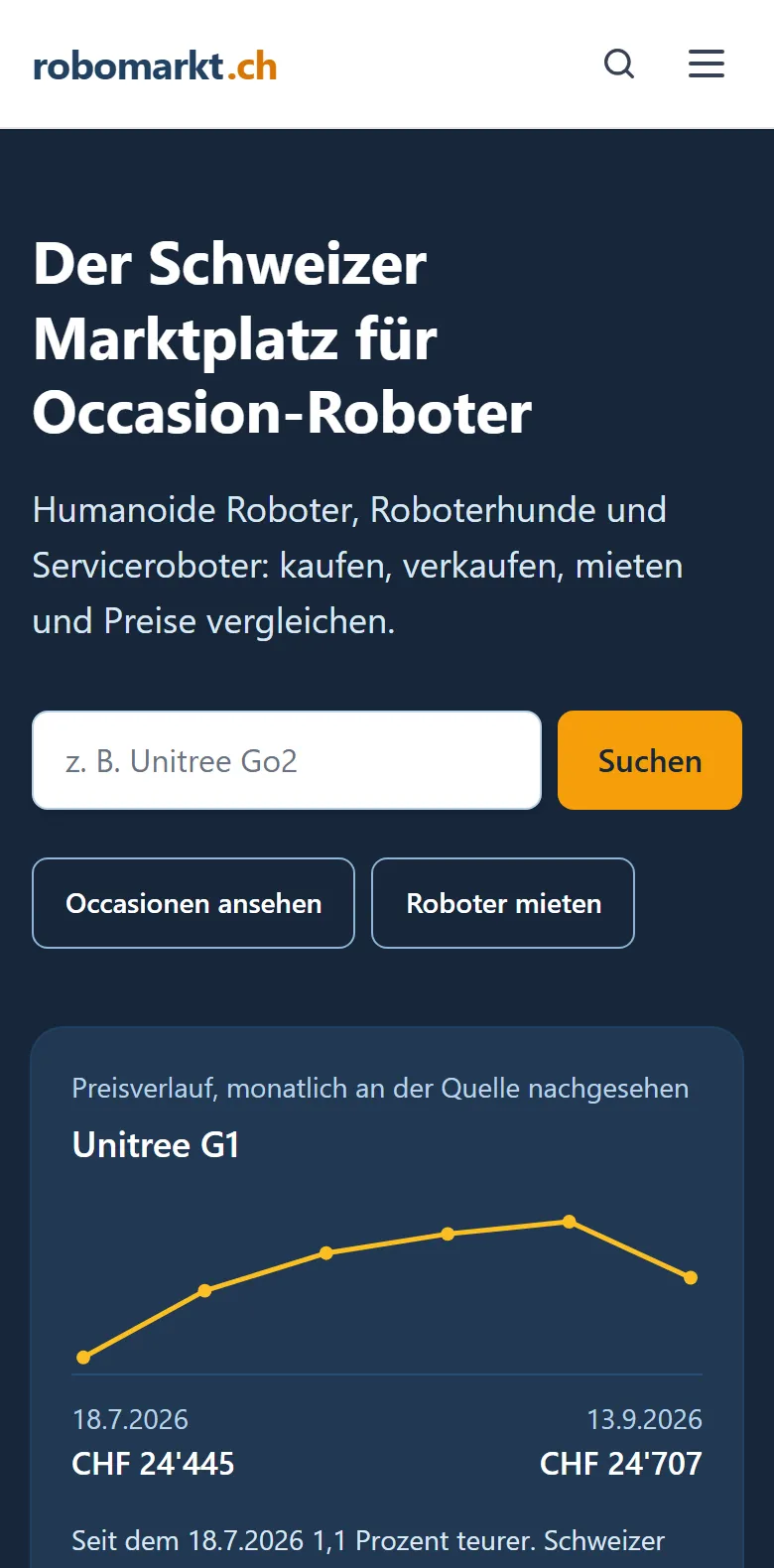 Startseite von robomarkt.ch am Handy